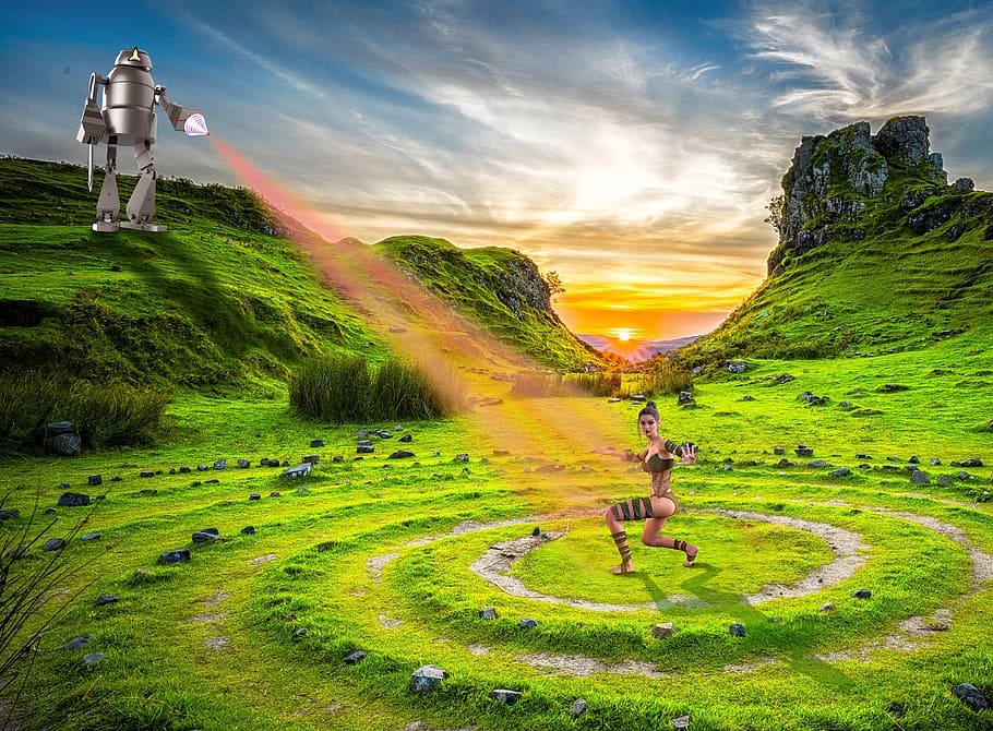 Robot, Stone Circle, Elf, Rays, amazone, laser, pistol, sunrise HD wallpaper