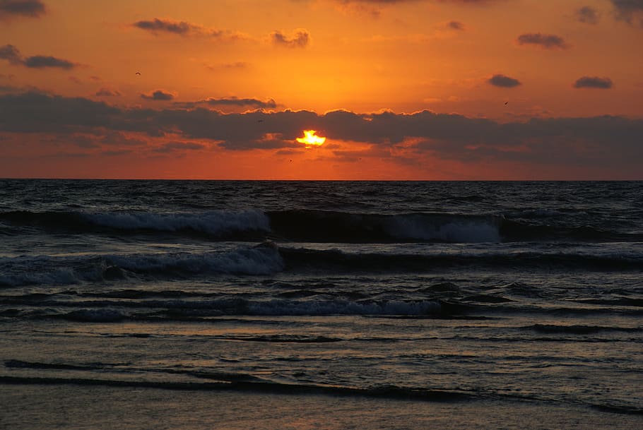 sunset, beach, twilight, dusk, dawn, sunrise, evening, sea HD wallpaper