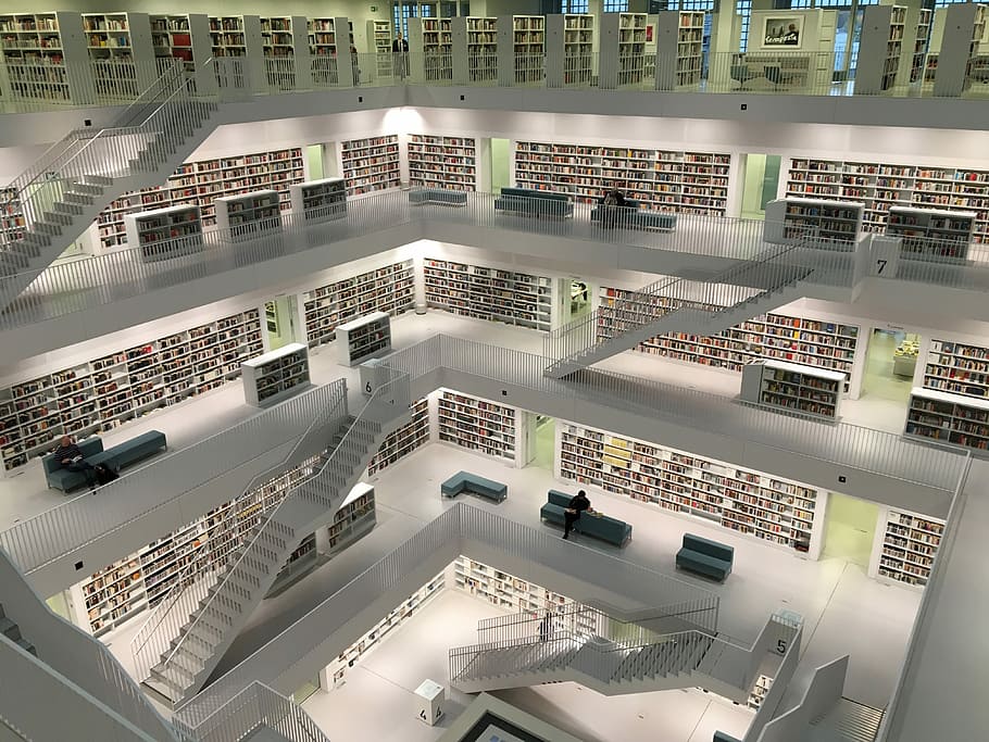 photo of 5-story library building, high angle photography of library interior HD wallpaper