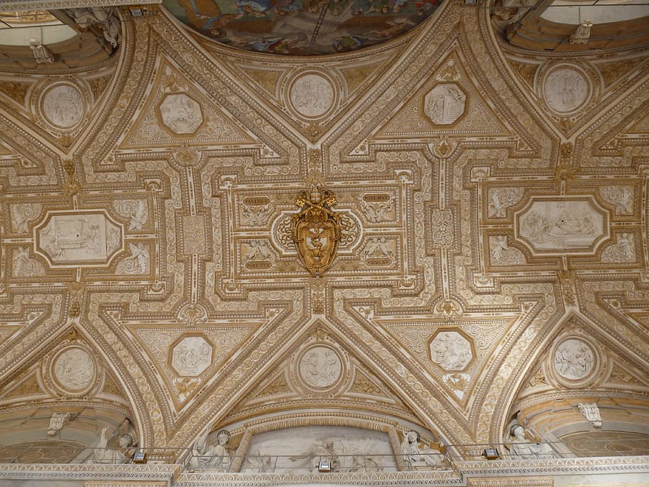 ceiling, vatican, st peters, detail, papal crest, crossed keys, HD wallpaper