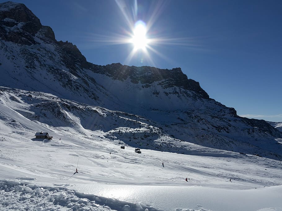 sun, snow, mountain, backlight, landscape, mountaineering, winter HD wallpaper