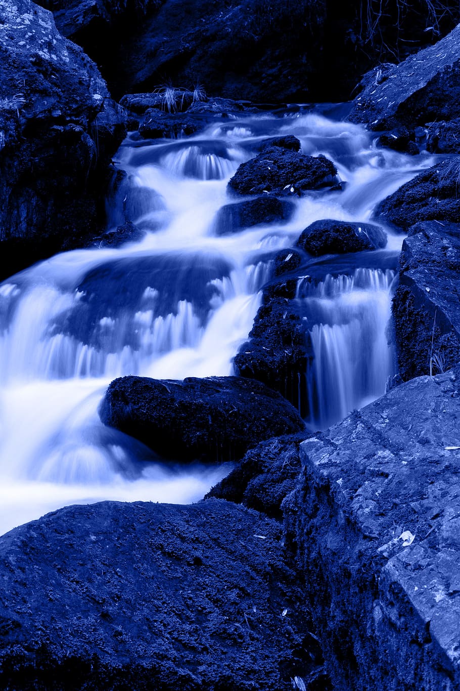 blue, cascade, environment, flow, flowing, forest, motion, mountain HD wallpaper