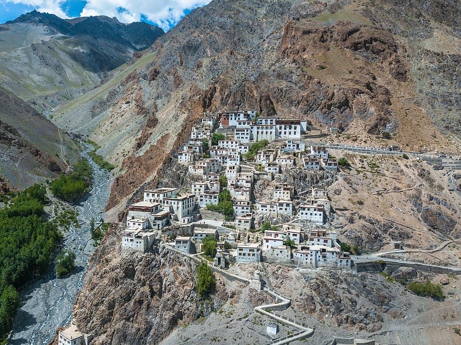 aerial view photography of buildings, aerial view of houses, monastery HD wallpaper