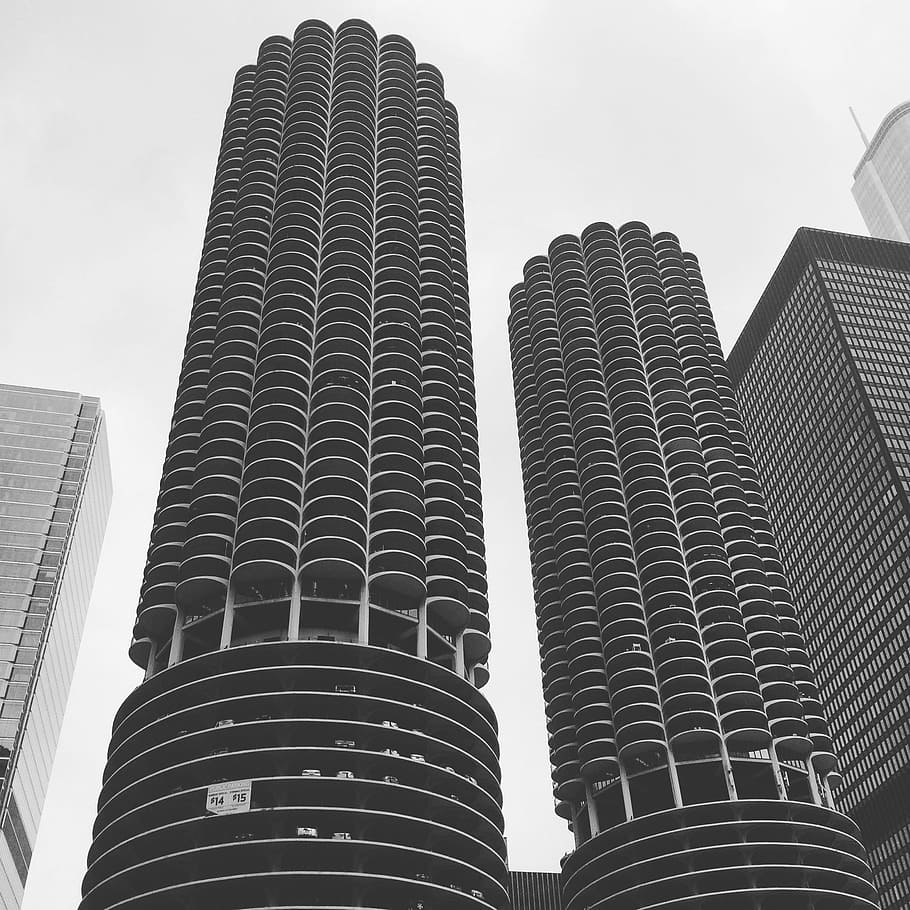 low angle photography of high-rise buildings, low angle photography of two towers HD wallpaper