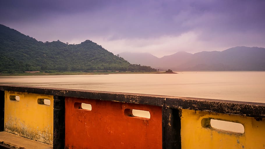 purple, yellow, red, wall, colorful, rock, water, scenic, landscape HD wallpaper