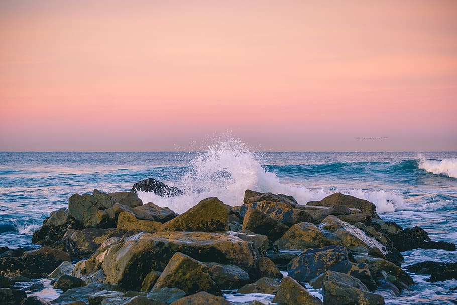 Wave Break at Sunrise, rocks on seashore, sunset, coast, water HD wallpaper