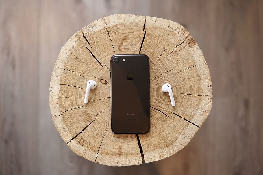 space gray iPhone 8 and Apple AirPods, flat-way photography of black iPhone 7 and AirPods, HD wallpaper