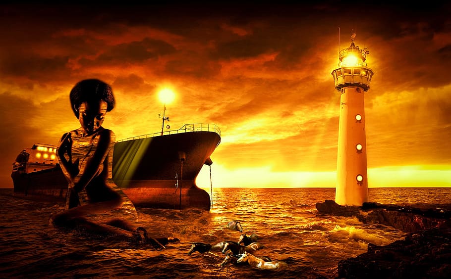 sunset, dusk, water, dawn, photoshop, sea, sky, nature, one person HD wallpaper