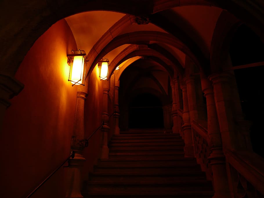 brown stair with lamps, emergence, input, vault, keller, trepp HD wallpaper
