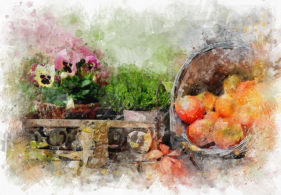 painting of fruits and flowers, violets, grass, apples, still life HD wallpaper