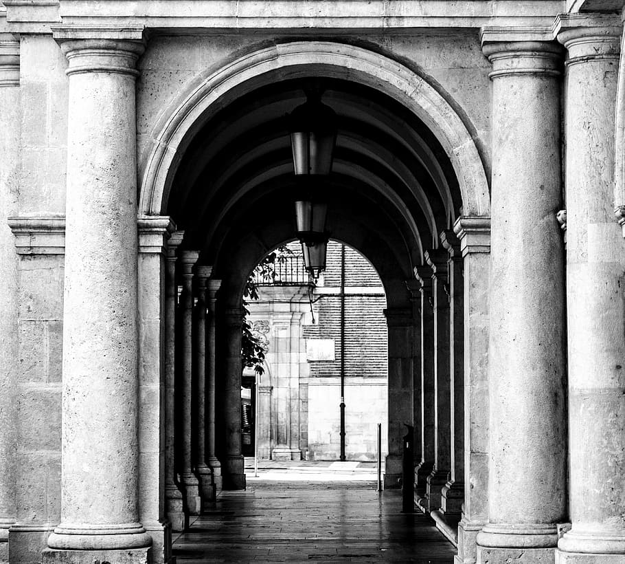 black white, column, lamp, león, gallery, architecture, architectural column HD wallpaper