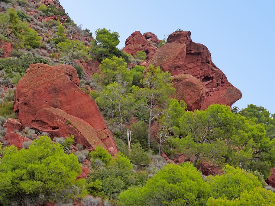 mountains, montsant, red sandstone, forms, erosion, priorat HD wallpaper