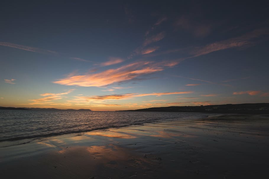 seashore during sunset, sunrise, clouds, sky, beach, ocean HD wallpaper