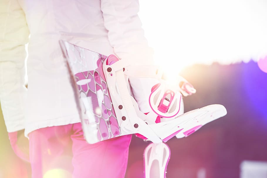 Young Woman Holding Her Pink Snowboard, active, cold, flares, HD wallpaper