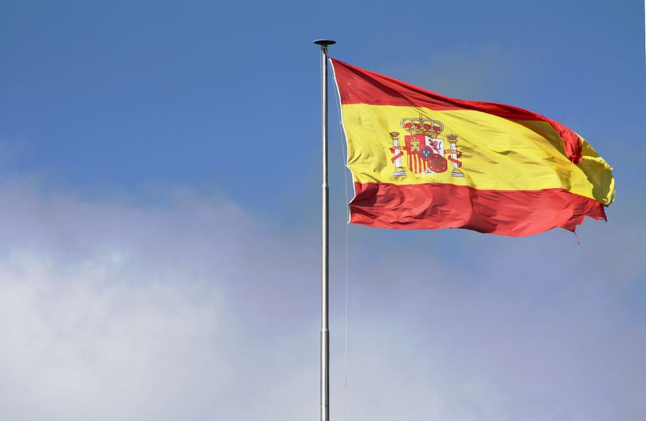 red and yellow flag waving by the wind, spain, mast, sky, coat of arms HD wallpaper
