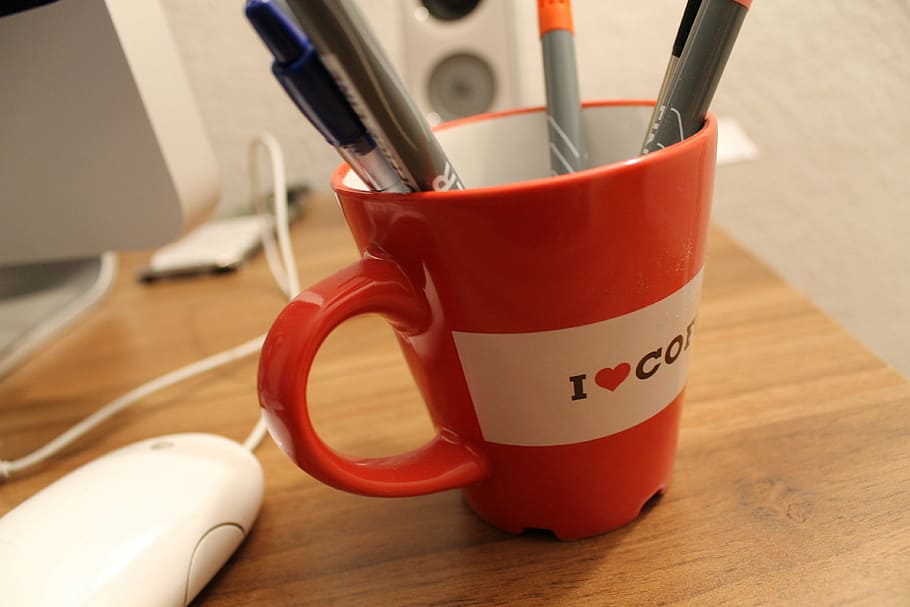 pencils, cup, desk, table, computer, office, coffee break, indoors HD wallpaper