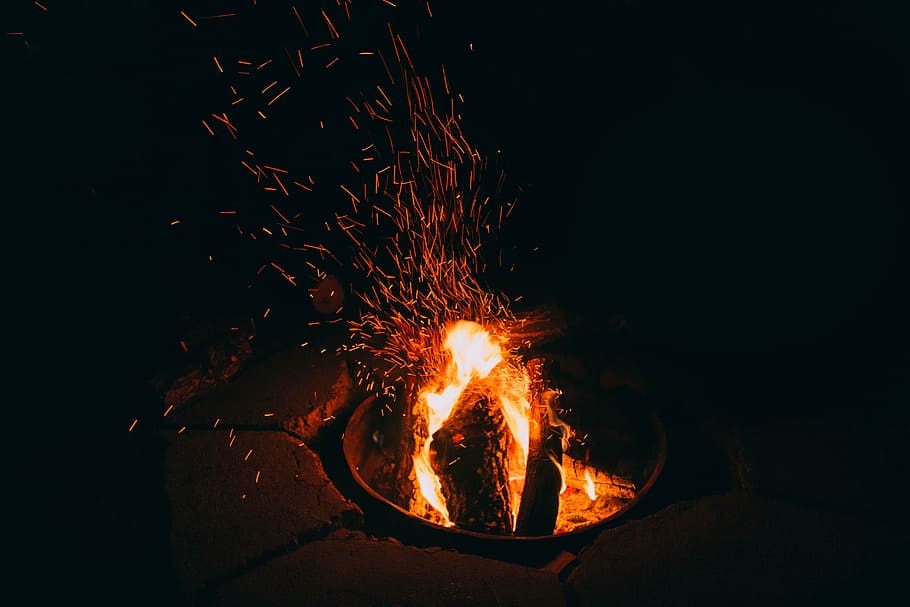 bonfire, burning, still, camp, flames, rocks, stones, wood, light, HD wallpaper