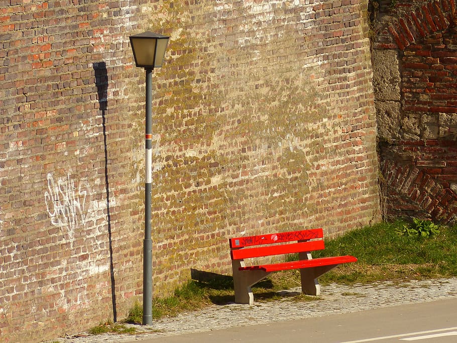 bank, red, sun, bench, break, sunny, warm, street lamp, lantern HD wallpaper