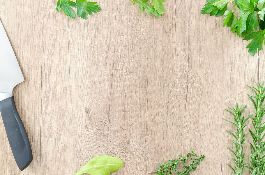 flat lay photography of cleaver knife and herbs, food, background