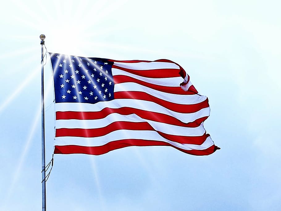 flag of U.S.A hanged on gray metal pole at daytime, usa flag