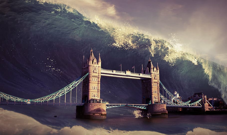 Brooklyn Bridge, wave, tower, flood, apocalypse, background HD wallpaper