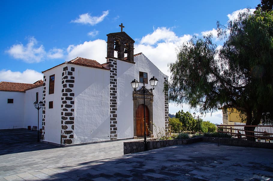 spain, canary islands, tenerife, church, vila flor, teide, blue, HD wallpaper
