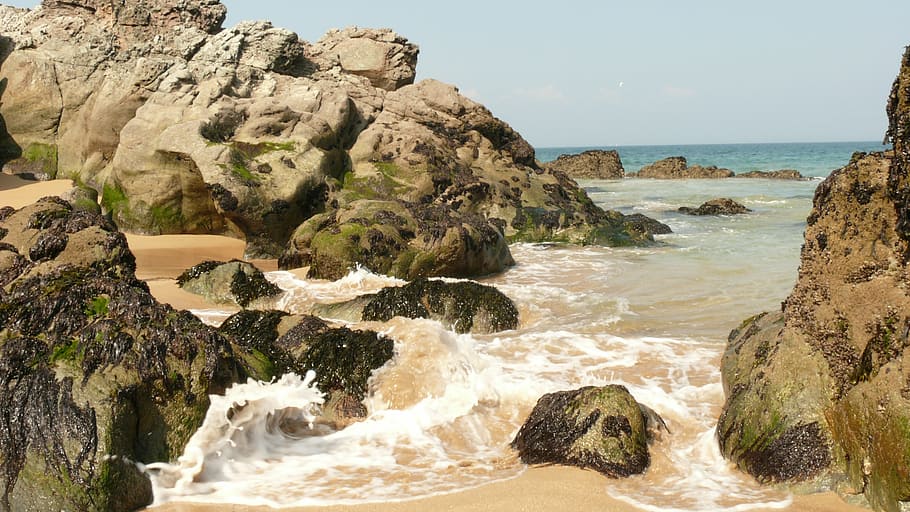 rock, wave, beach, ocean, seaside, scum, atlantic, tide, brittany HD wallpaper