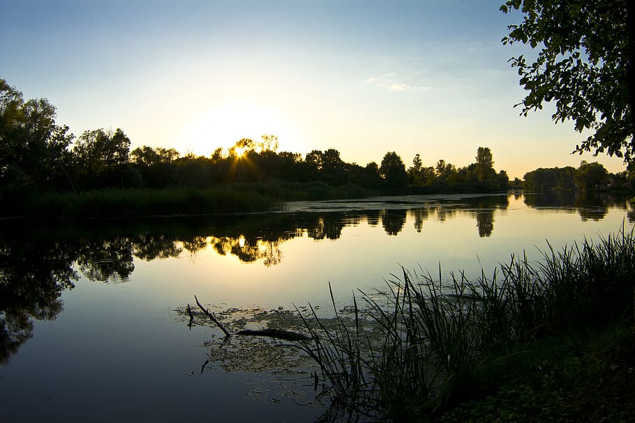 River, Evening, Twilight, Silhouettes, water, smooth surface HD wallpaper