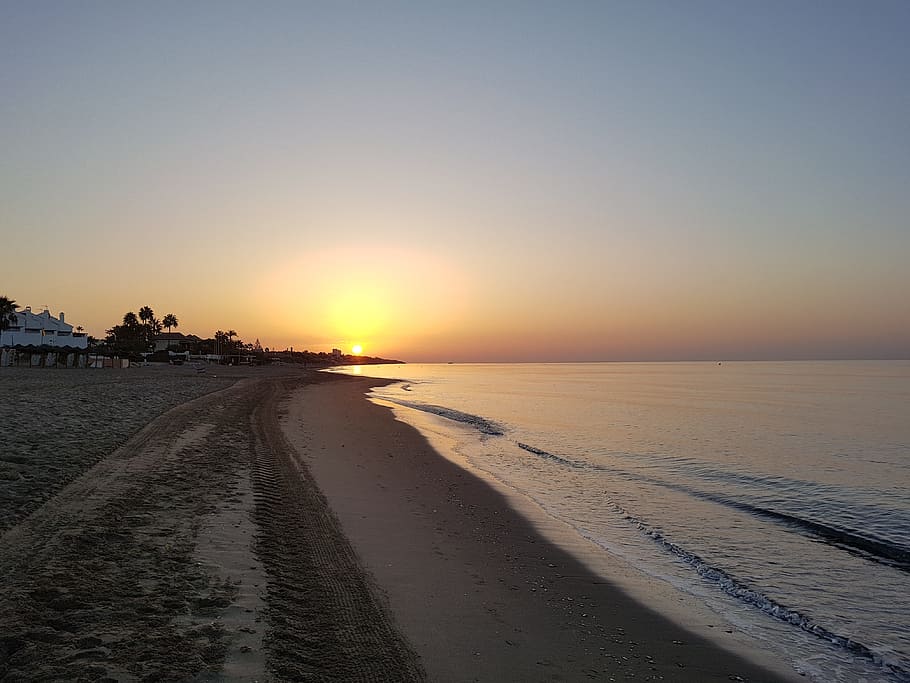 dawn, beach, sea, sun, sand, horizon, shore, orange, waves HD wallpaper
