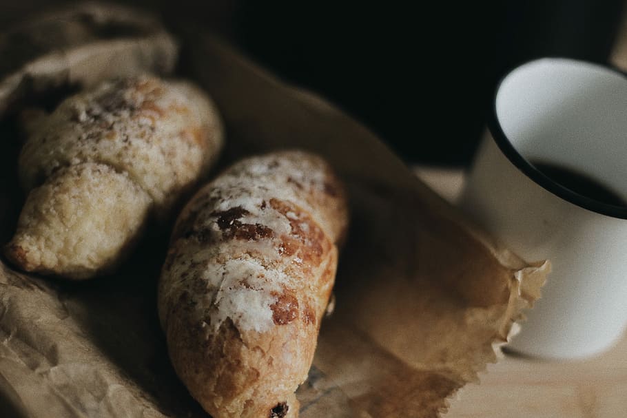 two breads beside white cup, two pastries beside white mug, breakfast HD wallpaper