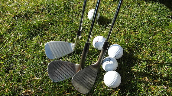 three gray golf clubs on grass field, Pitching Wedge, golfer HD wallpaper