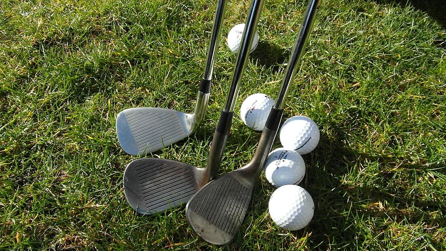 three gray golf clubs on grass field, Pitching Wedge, golfer HD wallpaper
