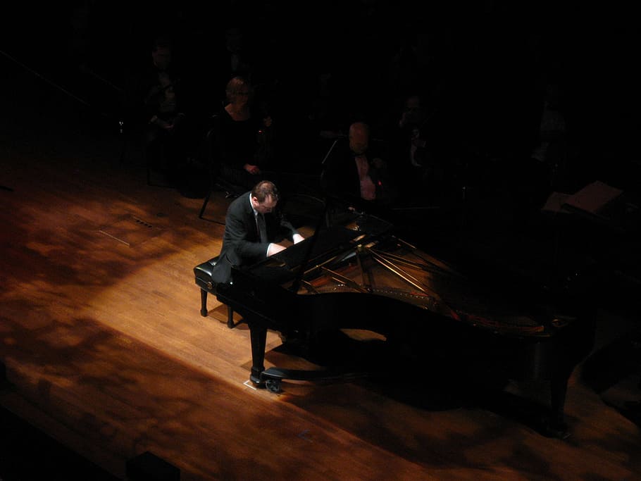 man playing grand piano, pianist, stage, concert, music, instrument, HD wallpaper