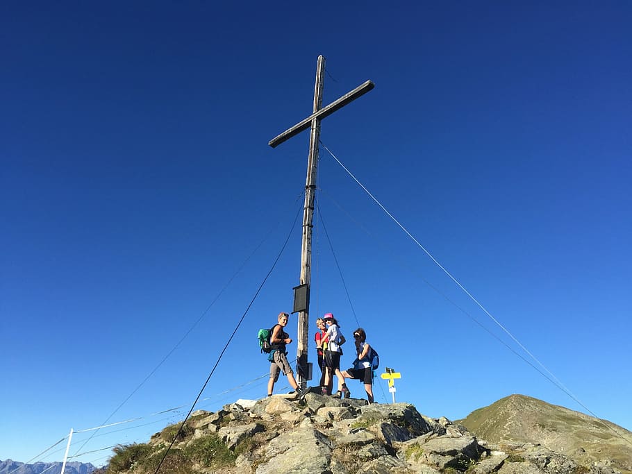 fiss, cross, mountain, summer, sky, holiday, rest, friends HD wallpaper