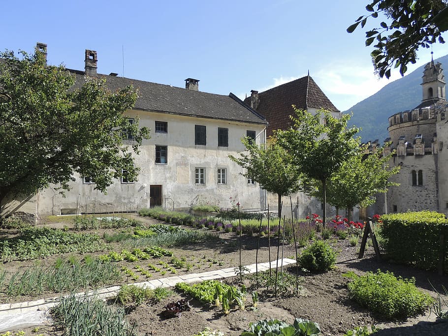garden, monastery, trees, shrubbery, hedge, nature, building exterior HD wallpaper