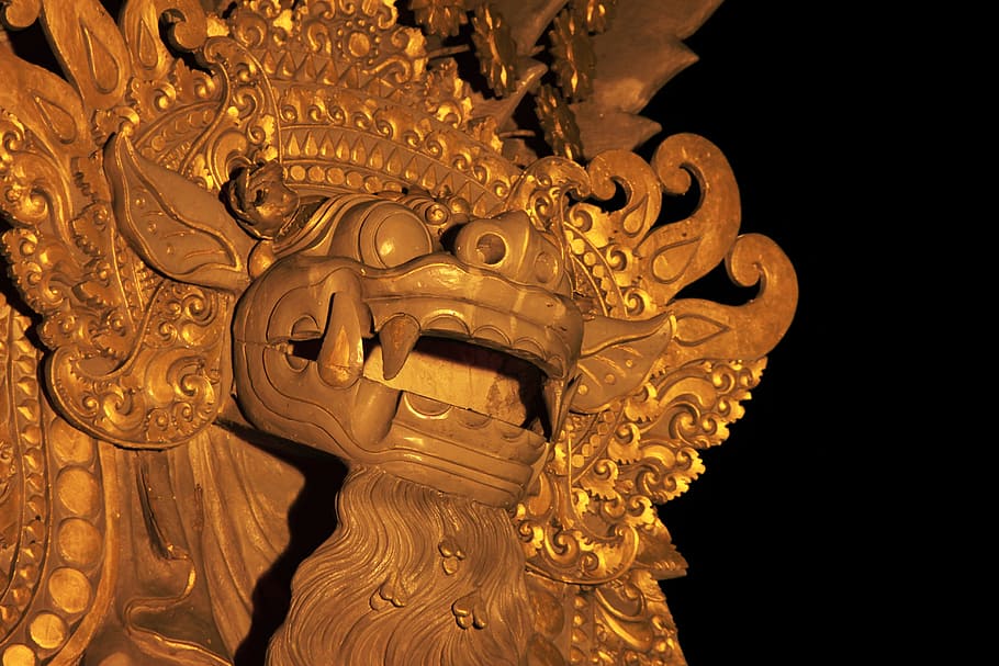 brown wooden foo dog decor, statue, relief, temple, statue face HD wallpaper