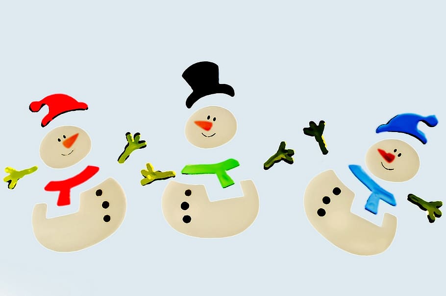 three disassembled snowman, snowmen, decorations, color, christmas, HD wallpaper