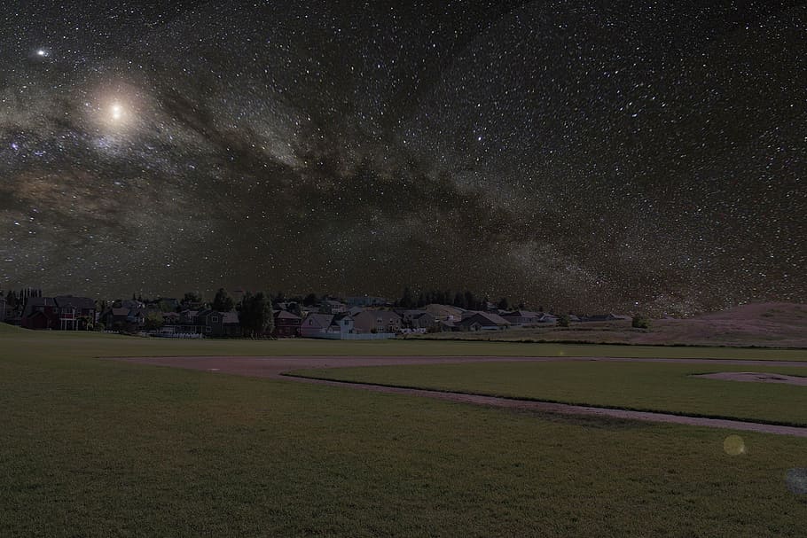 village under milky way, nature, landscape, green, grass, clouds HD wallpaper