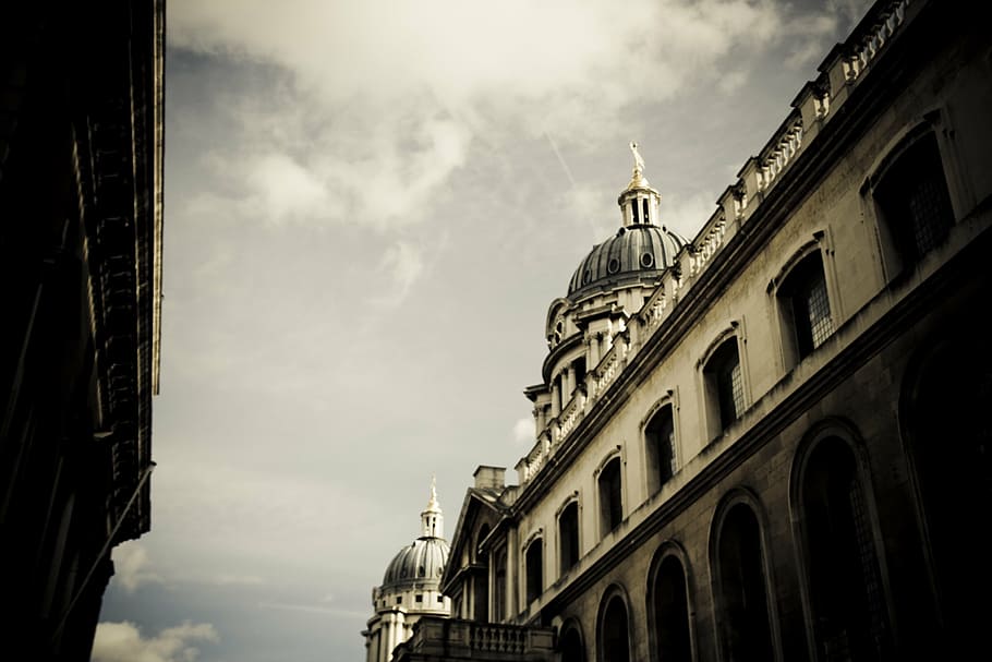 white establishment, bottom, view, building, daytime, sky, clouds HD wallpaper