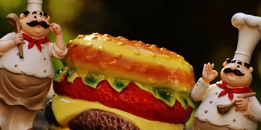 chefs, figures, cheeseburger, hamburger, funny, cook, gastronomy HD wallpaper