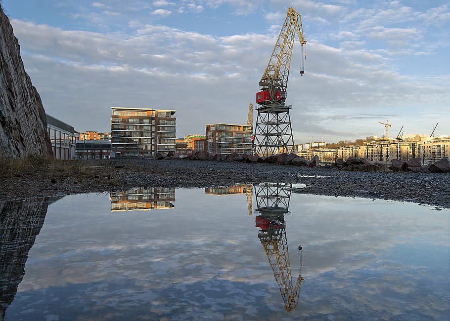 crane, sky, reflection, city, turku, wärtsilä, landscape, HD wallpaper
