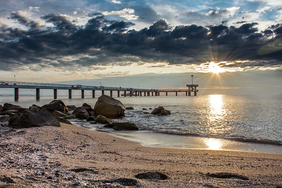 sunrise, sea, clouds, fall, autumn, bay, bridge, landscape HD wallpaper