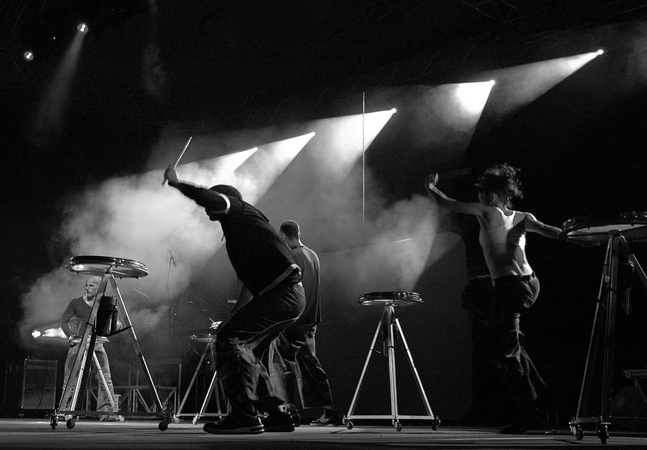 greyscale photo of music band on stage, drums, performance HD wallpaper