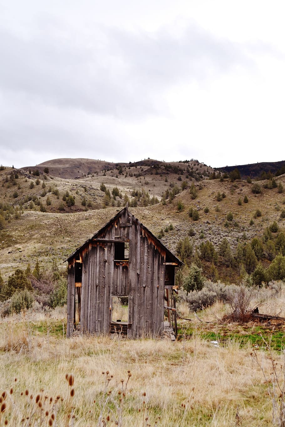 brown wooden shed on mountain, brown barn surrounded with grass HD wallpaper