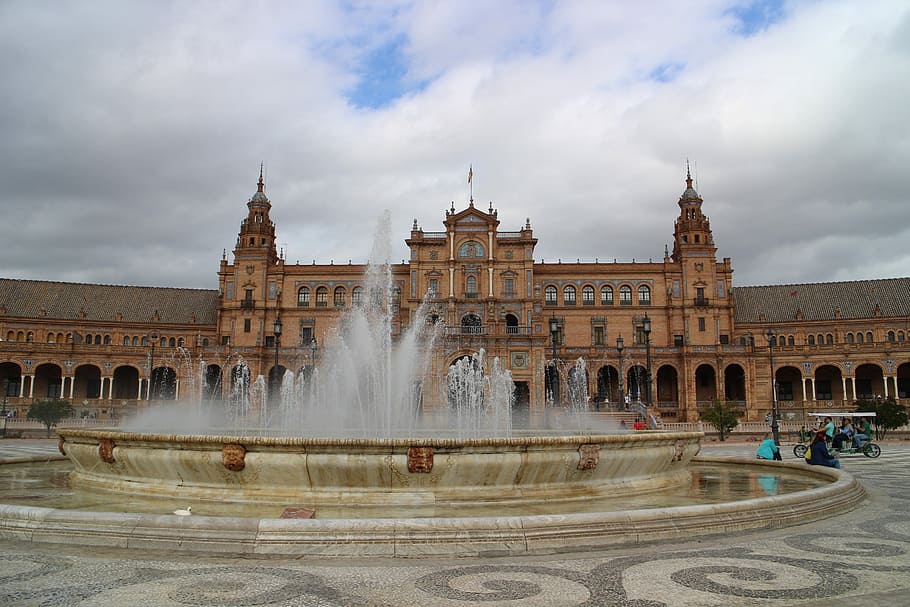 spain, fountain, square, architecture, built structure, sky HD wallpaper