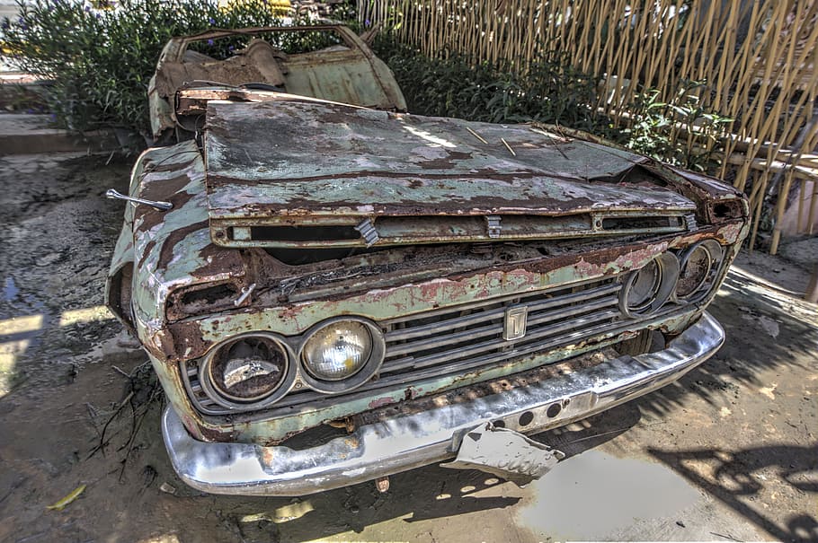 old car, car wreck, molder, rust, mode of transportation, land vehicle