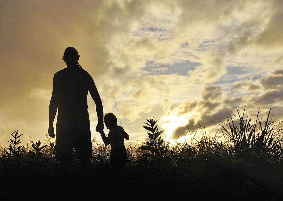 silhouette of man and kid near grasses at sunrise, father, son
