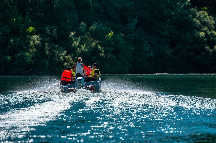 boat, rhône, river, wake, beaucaire, france, trees, water HD wallpaper