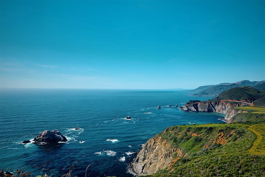 blue, sky, clouds, sea, water, ocean, rocks, waves, nature HD wallpaper