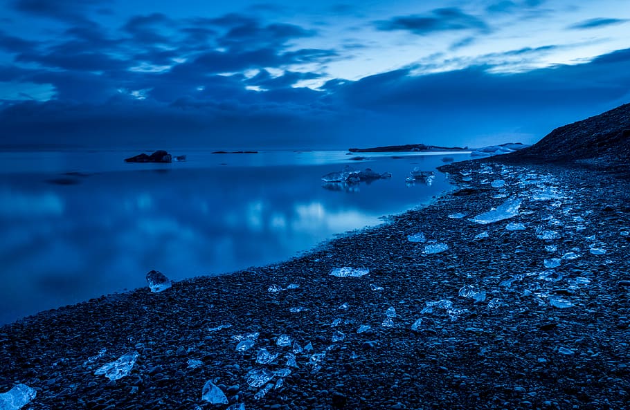 lake with ice during night, ocean, water, nature, landscape, blue HD wallpaper